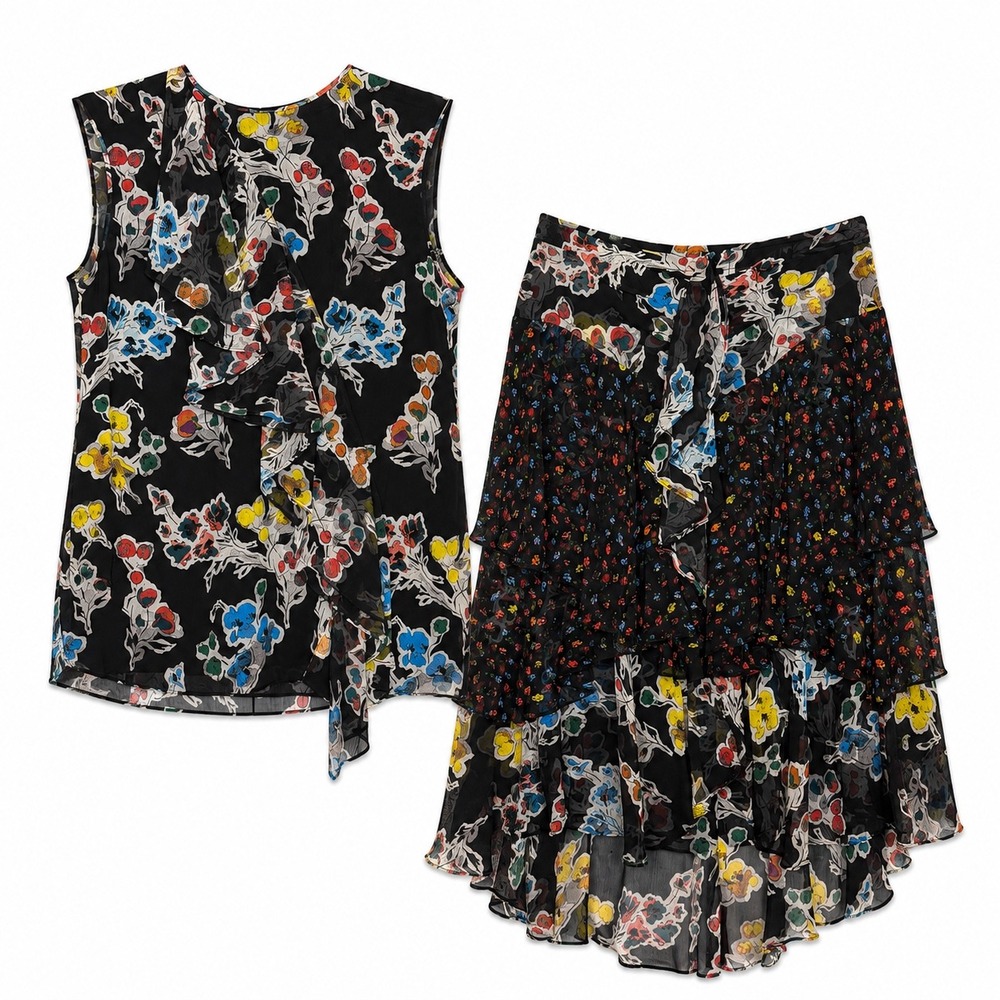 Jason Wu NWT Silk Floral Top Skirt Set Size 4 Black Multicolor Designer